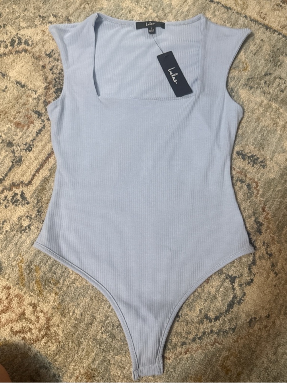 Lulu's Powder Blue Ribbed Square-Neck Bodysuit
